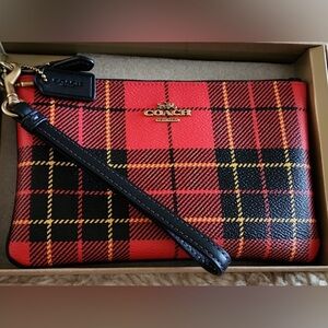Coach Red Plaid Leather Wristlet Wallet